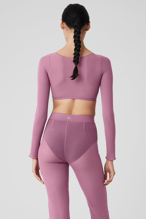 alo Women's Mesh Sheer Illusion Cropped Long Sleeve - Soft Mulberry