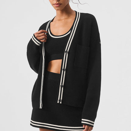 alo Women's Tennis Club Sweater Knit Cardigan - Black/Ivory