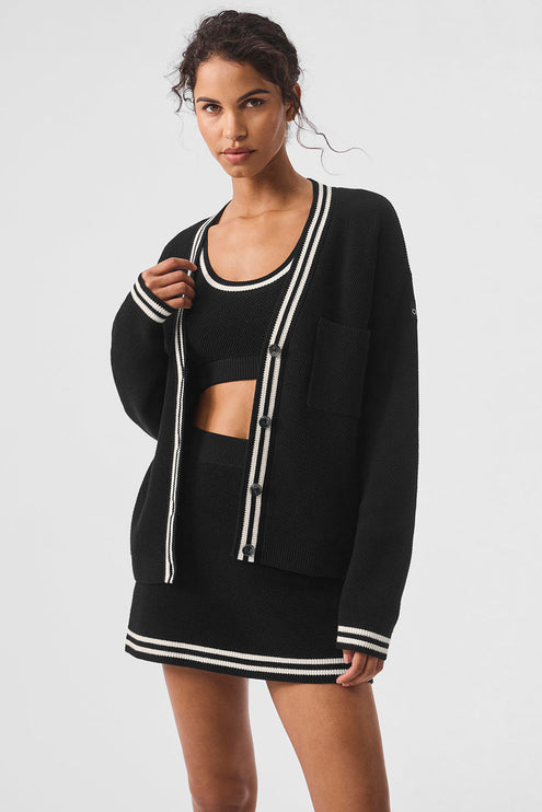 alo Women's Tennis Club Sweater Knit Cardigan - Black/Ivory