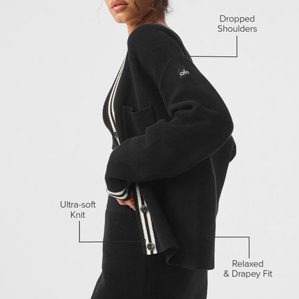 alo Women's Tennis Club Sweater Knit Cardigan - Black/Ivory