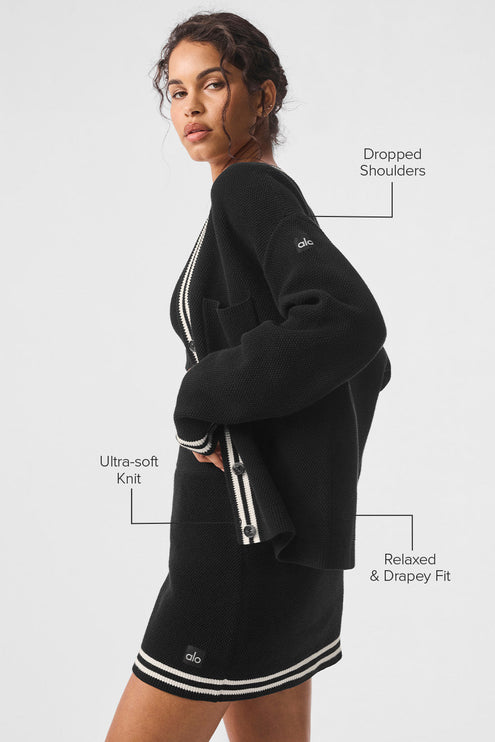 alo Women's Tennis Club Sweater Knit Cardigan - Black/Ivory