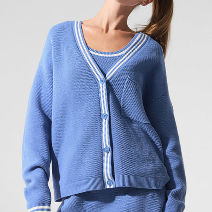 alo Women's Tennis Club Sweater Knit Cardigan - Crystal Clear Blue/White