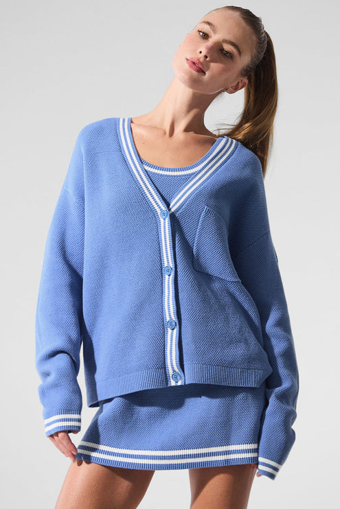 alo Women's Tennis Club Sweater Knit Cardigan - Crystal Clear Blue/White