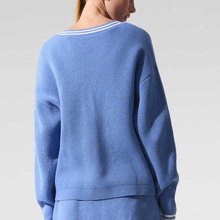 alo Women's Tennis Club Sweater Knit Cardigan - Crystal Clear Blue/White