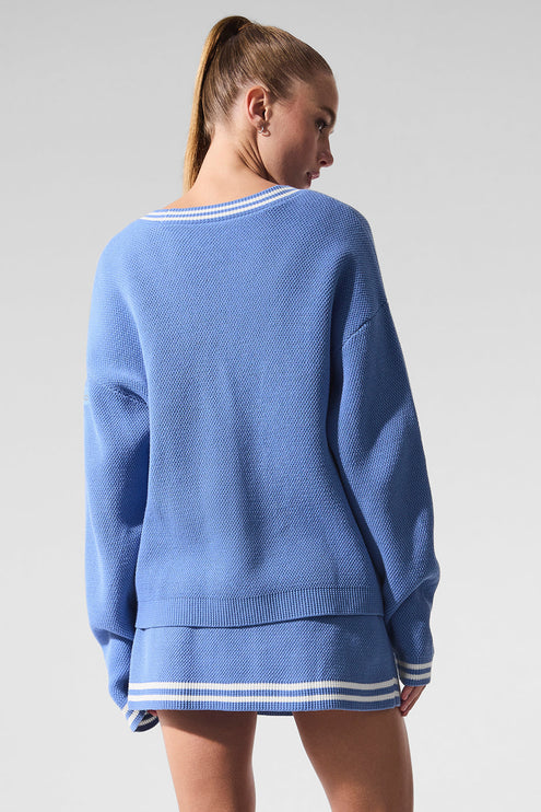 alo Women's Tennis Club Sweater Knit Cardigan - Crystal Clear Blue/White
