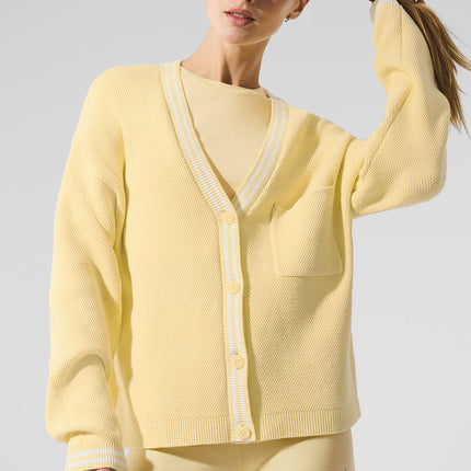 alo Women's Tennis Club Sweater Knit Cardigan - Warm Butter/White