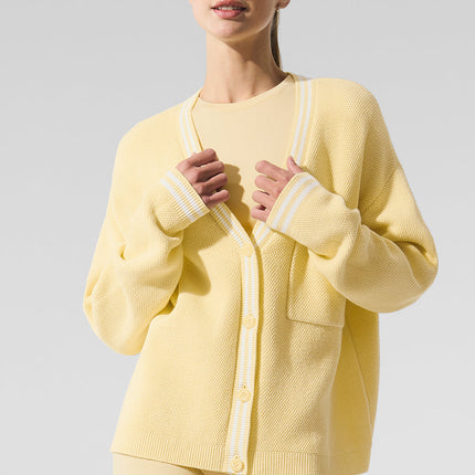 alo Women's Tennis Club Sweater Knit Cardigan - Warm Butter/White