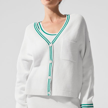 alo Women's Tennis Club Sweater Knit Cardigan - White/Spruce Green