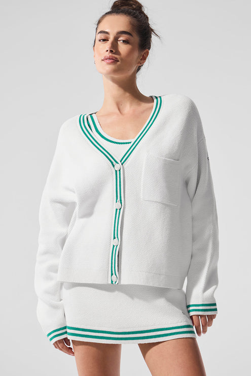 alo Women's Tennis Club Sweater Knit Cardigan - White/Spruce Green