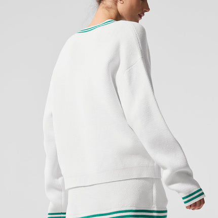 alo Women's Tennis Club Sweater Knit Cardigan - White/Spruce Green