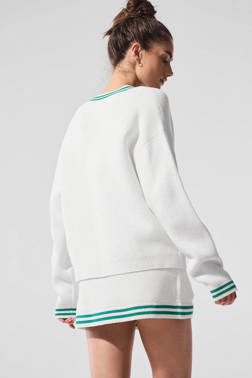 alo Women's Tennis Club Sweater Knit Cardigan - White/Spruce Green