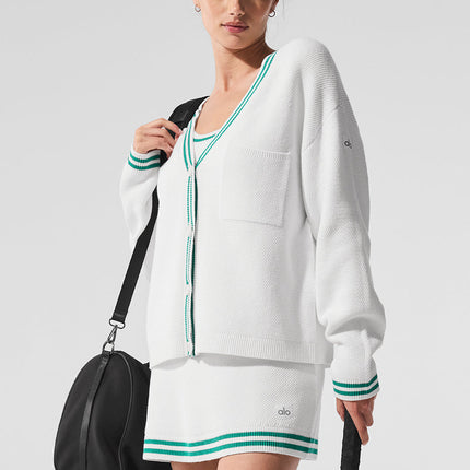 alo Women's Tennis Club Sweater Knit Cardigan - White/Spruce Green