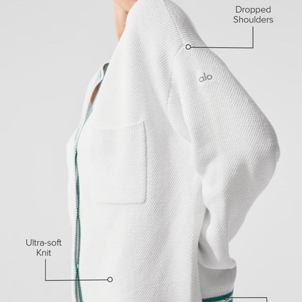 alo Women's Tennis Club Sweater Knit Cardigan - White/Spruce Green