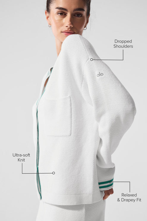 alo Women's Tennis Club Sweater Knit Cardigan - White/Spruce Green