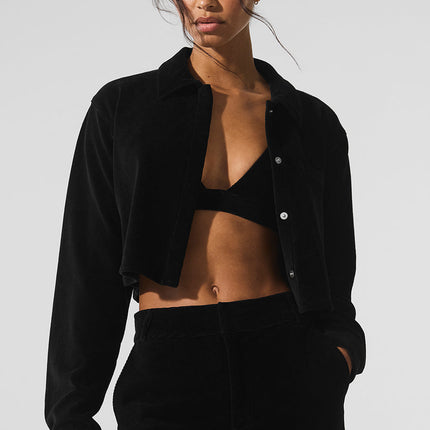 alo Women's Micro Corduroy Cropped Dreamer Button Down - Black