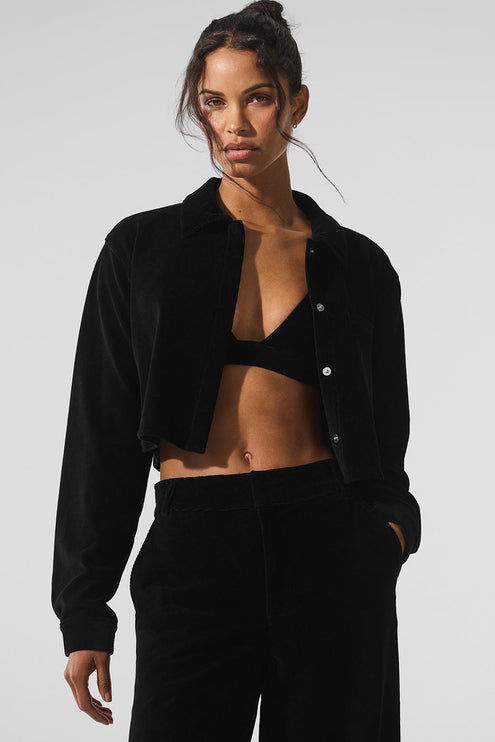 alo Women's Micro Corduroy Cropped Dreamer Button Down - Black