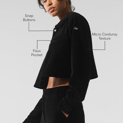 alo Women's Micro Corduroy Cropped Dreamer Button Down - Black