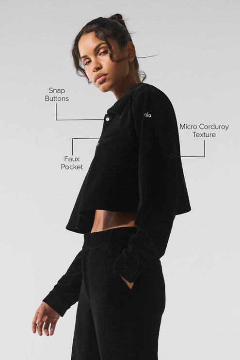 alo Women's Micro Corduroy Cropped Dreamer Button Down - Black