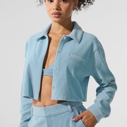alo Women's Micro Corduroy Cropped Dreamer Button Down - Celestial Blue