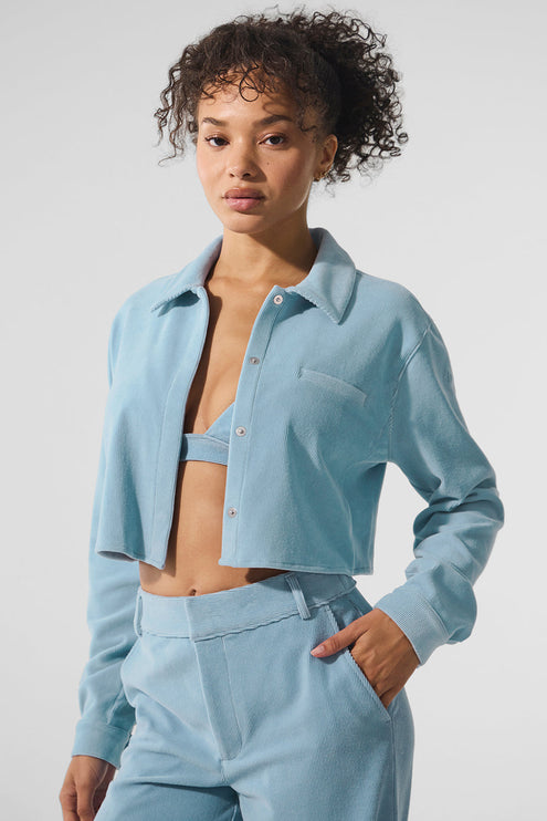 alo Women's Micro Corduroy Cropped Dreamer Button Down - Celestial Blue