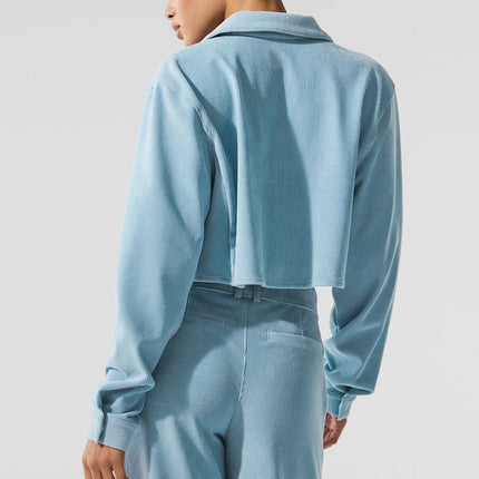 alo Women's Micro Corduroy Cropped Dreamer Button Down - Celestial Blue