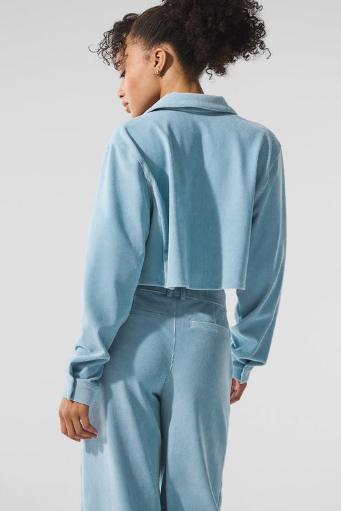 alo Women's Micro Corduroy Cropped Dreamer Button Down - Celestial Blue