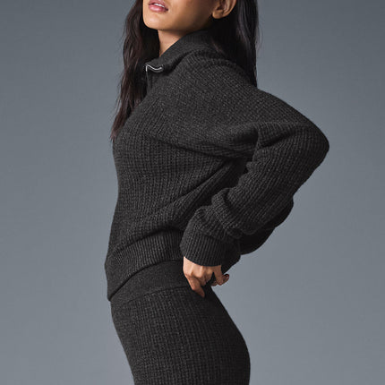 alo Women's Cashmere Plush Waffle 1/4 Zip Pullover - Dark Heather Grey