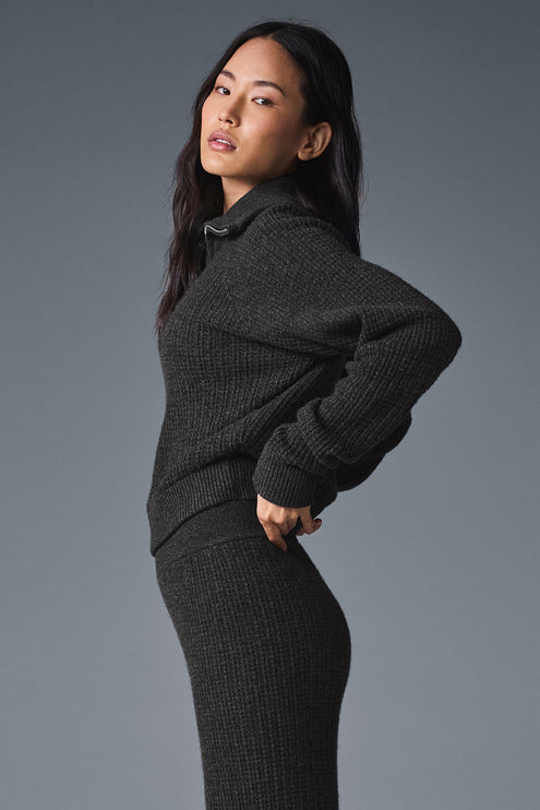 alo Women's Cashmere Plush Waffle 1/4 Zip Pullover - Dark Heather Grey