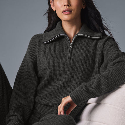 alo Women's Cashmere Plush Waffle 1/4 Zip Pullover - Dark Heather Grey