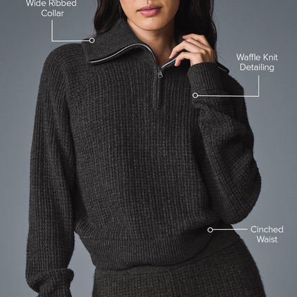 alo Women's Cashmere Plush Waffle 1/4 Zip Pullover - Dark Heather Grey