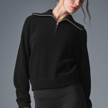 alo Women's Cashmere Plush Waffle 1/4 Zip Pullover - Black
