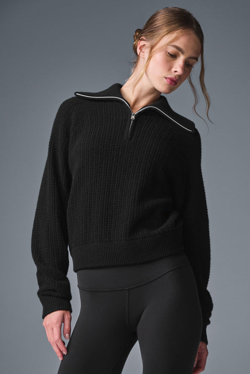 alo Women's Cashmere Plush Waffle 1/4 Zip Pullover - Black