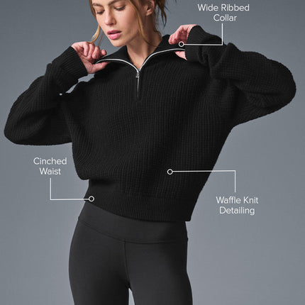 alo Women's Cashmere Plush Waffle 1/4 Zip Pullover - Black