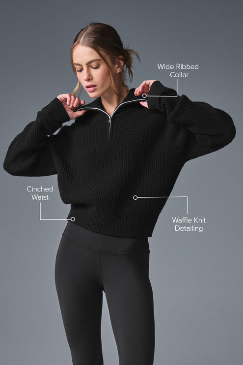 alo Women's Cashmere Plush Waffle 1/4 Zip Pullover - Black