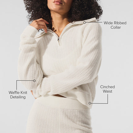 alo Women's Cashmere Plush Waffle 1/4 Zip Pullover - Ivory