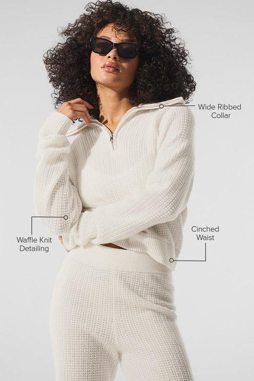 alo Women's Cashmere Plush Waffle 1/4 Zip Pullover - Ivory