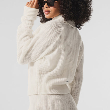 alo Women's Cashmere Plush Waffle 1/4 Zip Pullover - Ivory