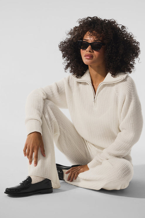 alo Women's Cashmere Plush Waffle 1/4 Zip Pullover - Ivory