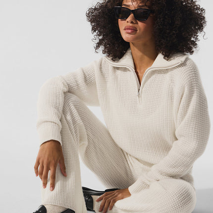 alo Women's Cashmere Plush Waffle 1/4 Zip Pullover - Ivory