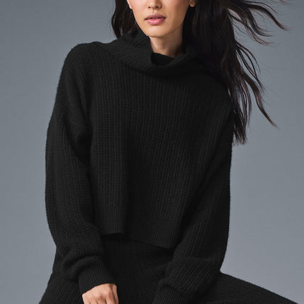alo Women's Cashmere Plush Waffle Turtleneck Pullover - Black