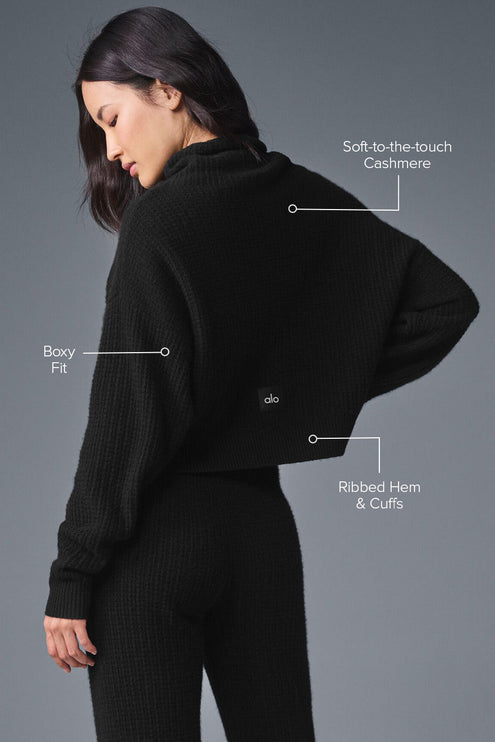 alo Women's Cashmere Plush Waffle Turtleneck Pullover - Black