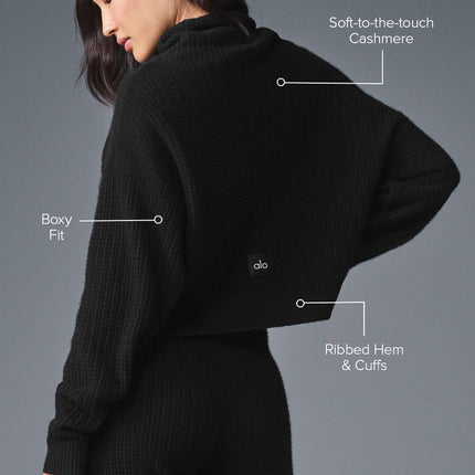 alo Women's Cashmere Plush Waffle Turtleneck Pullover - Black