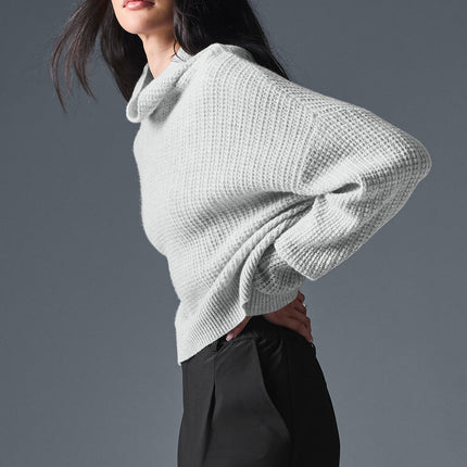 alo Women's Cashmere Plush Waffle Turtleneck Pullover - Athletic Heather Grey