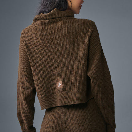 alo Women's Cashmere Plush Waffle Turtleneck Pullover - Espresso