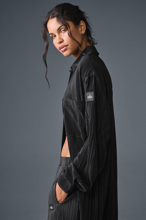 alo Women's Micro Plisse Shirt Dress - Black