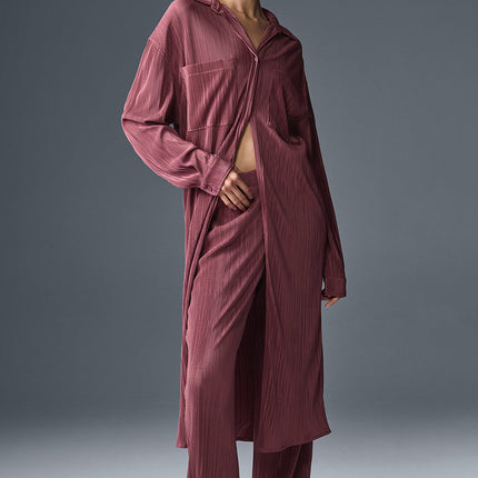 alo Women's Micro Plisse Shirt Dress - Burgundy Truffle