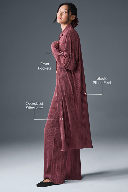 alo Women's Micro Plisse Shirt Dress - Burgundy Truffle
