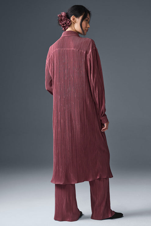 alo Women's Micro Plisse Shirt Dress - Burgundy Truffle