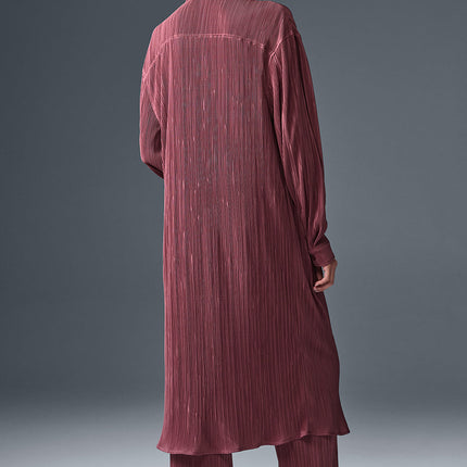 alo Women's Micro Plisse Shirt Dress - Burgundy Truffle