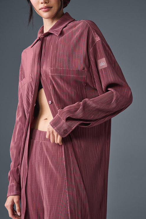 alo Women's Micro Plisse Shirt Dress - Burgundy Truffle